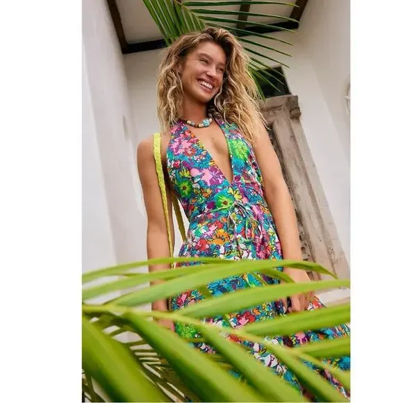 Free People Retro 60s 70s Floral Psychedelic Saffron Halter Maxi Dress Large - Picture 2 of 14